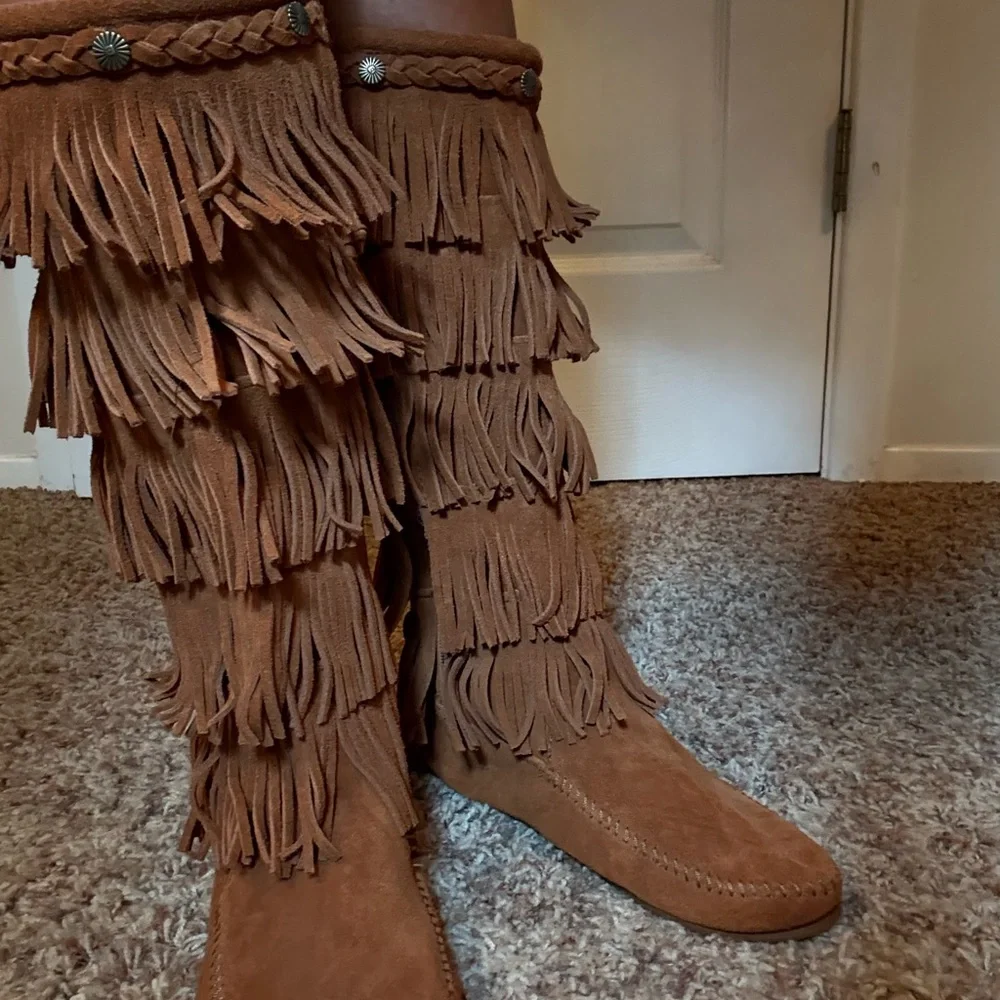 Minnetonka Fringe Suede Knee-High Boots - Brown - Picture 2 of 5